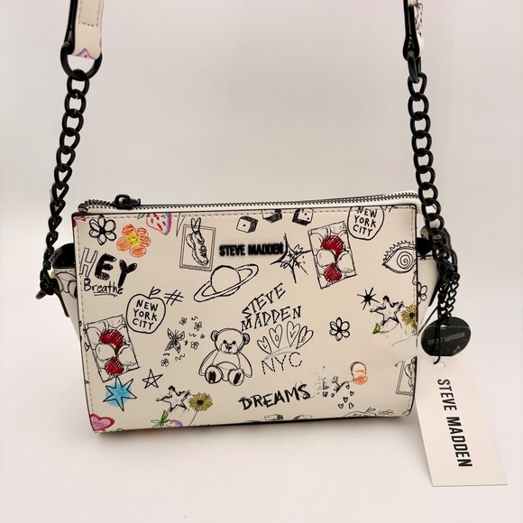 Steve Madden Handbags - Steve Madden Graffiti Print BLEXI Crossbody Bag White Black Chain Strap Top Zip